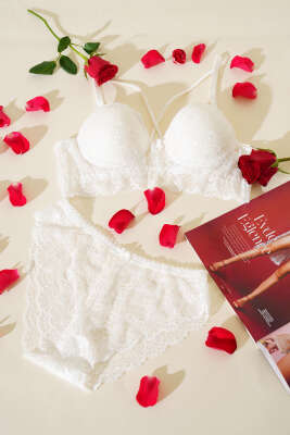 Pazarium - Destekli Çapraz İpli Bralet Sütyen Takım Ekru