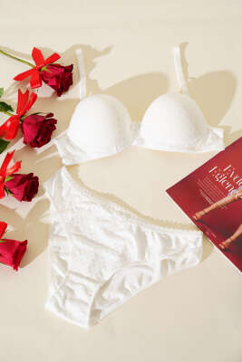 Pazarium - Jakar Desenli Destekli Sütyen Takım Ekru