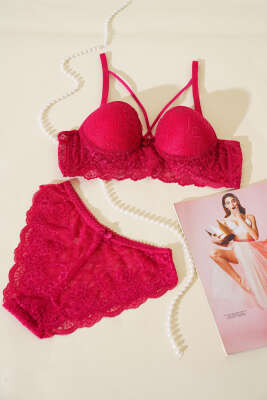 Pazarium - Destekli Çapraz İpli Bralet Sütyen Takım Vişne