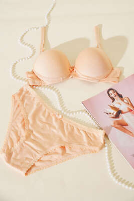 Pazarium - Destekli Kendinden Desenli Sütyen Takım Ten