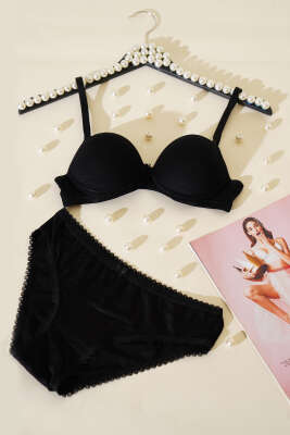 Pazarium - Destekli Kendinden Desenli Sütyen Takım Siyah