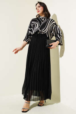 Bel Lastikli Sık Pileli Şifon Etek Siyah - Thumbnail