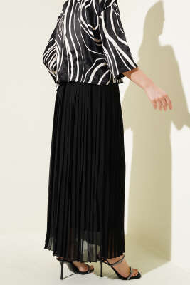 Bel Lastikli Sık Pileli Şifon Etek Siyah - Thumbnail