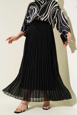 Bel Lastikli Sık Pileli Şifon Etek Siyah - Thumbnail