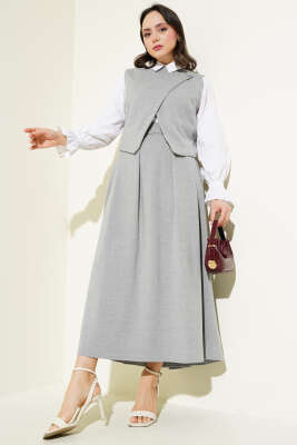 Pazarium - Omuz Düğmeli Çapraz Yelekli Etekli Takım Gri