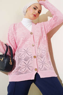 Çiçek Örgülü Düğmeli Triko Hırka Pembe - Thumbnail