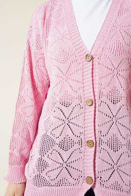 Çiçek Örgülü Düğmeli Triko Hırka Pembe - Thumbnail