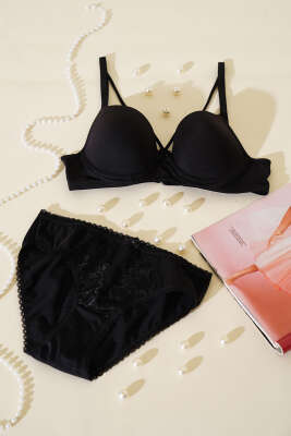 Pazarium - Destekli Çapraz İpli Kurdeleli Mikro Sütyen Takım Siyah