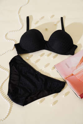 Pazarium - Desenli Jakar Desteksiz Sütyen Takım Siyah