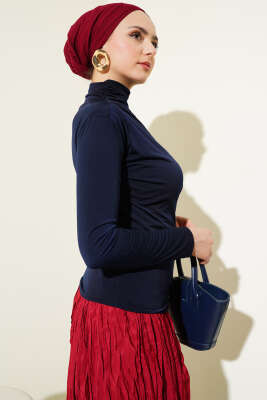 Balıkçı Yaka Yan Büzgülü Sandy Bluz Lacivert - Thumbnail