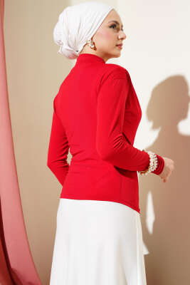 Balıkçı Yaka Yan Büzgülü Sandy Bluz Kırmızı - Thumbnail