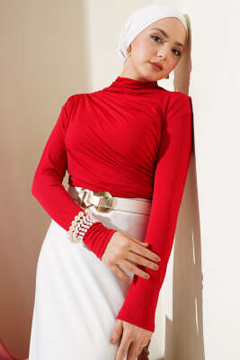 Pazarium - Balıkçı Yaka Yan Büzgülü Sandy Bluz Kırmızı