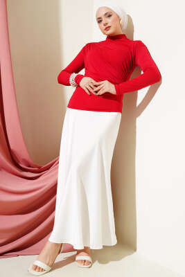 Balıkçı Yaka Yan Büzgülü Sandy Bluz Kırmızı - Thumbnail