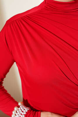 Balıkçı Yaka Yan Büzgülü Sandy Bluz Kırmızı - Thumbnail