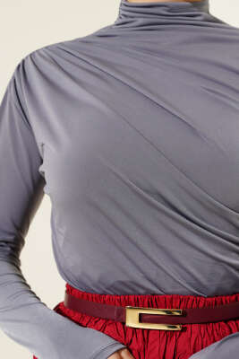 Balıkçı Yaka Yan Büzgülü Sandy Bluz Kayrak Grisi - Thumbnail