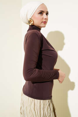 Balıkçı Yaka Yan Büzgülü Sandy Bluz Kahve - Thumbnail