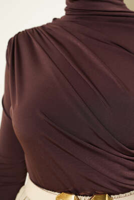 Balıkçı Yaka Yan Büzgülü Sandy Bluz Kahve - Thumbnail