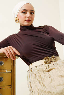 Balıkçı Yaka Yan Büzgülü Sandy Bluz Kahve - Thumbnail