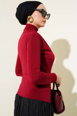 Balıkçı Yaka Yan Büzgülü Sandy Bluz Bordo - Thumbnail