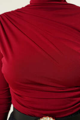 Balıkçı Yaka Yan Büzgülü Sandy Bluz Bordo - Thumbnail