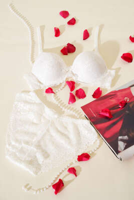 Pazarium - Dantelli Destekli Sütyen Takım Ekru