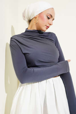 Pazarium - Balıkçı Yaka Yan Büzgülü Sandy Bluz Füme