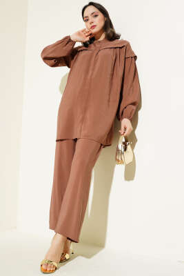 Pazarium - Omuz Fırfırlı Tencel Tunik İkili Takım Kahve