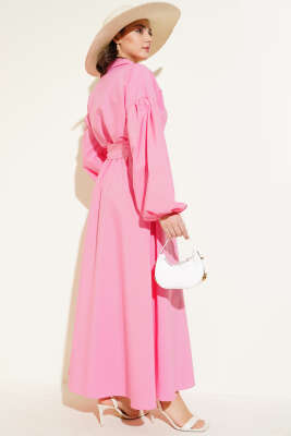 Yarım Fermuarlı Balon Kol Terikoton Elbise Pembe - Thumbnail