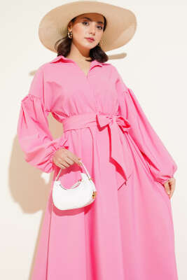 Yarım Fermuarlı Balon Kol Terikoton Elbise Pembe - Thumbnail