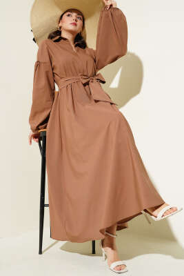 Yarım Fermuarlı Balon Kol Terikoton Elbise Latte - Thumbnail