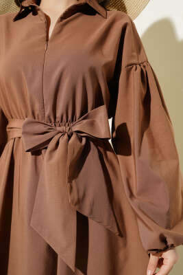 Yarım Fermuarlı Balon Kol Terikoton Elbise Latte - Thumbnail