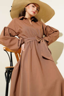 Yarım Fermuarlı Balon Kol Terikoton Elbise Latte - Thumbnail