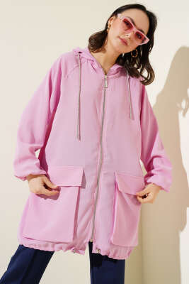 Çift Cepli Fermuarlı Hırka Pudra - Thumbnail