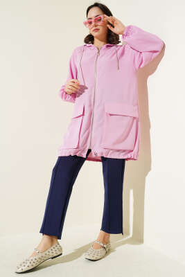 Çift Cepli Fermuarlı Hırka Pudra - Thumbnail