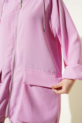 Çift Cepli Fermuarlı Hırka Pudra - Thumbnail