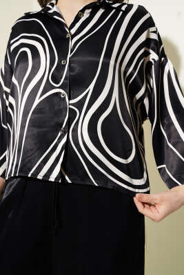 Desenli Kısa Gömlekli Saten İkili Takım Siyah - Thumbnail