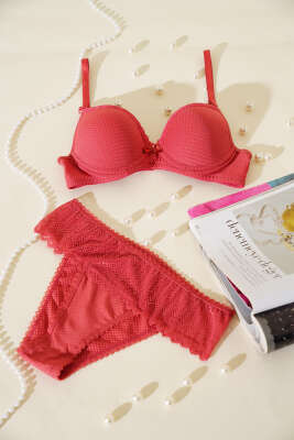 Pazarium - Jakarlı Dantel Detaylı Desteksiz Sütyen Takım Nar Çiçeği