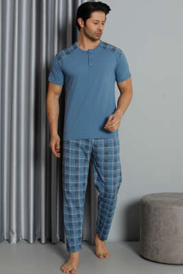 Kısa Kol Ekoseli Erkek Pijama Takım Mavi - Thumbnail