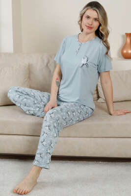 Pazarium - Kısa Kol Düğmeli Desenli Pijama Takım Mint