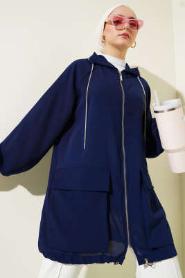 Çift Cepli Fermuarlı Hırka Lacivert - Thumbnail