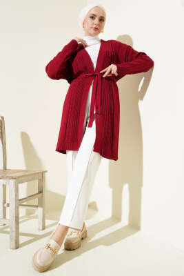 Pirinç Örgü Desenli Kuşaklı Triko Hırka Bordo - Thumbnail