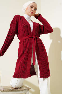 Pirinç Örgü Desenli Kuşaklı Triko Hırka Bordo - Thumbnail