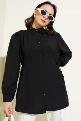 Pazarium - Yanları İp Bağcıklı Basic Gömlek Siyah