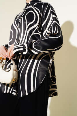 Desenli Gömlekli Salaş Saten İkili Takım Siyah - Thumbnail