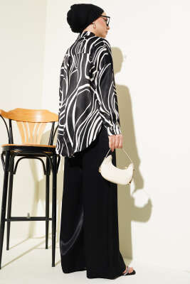 Desenli Gömlekli Salaş Saten İkili Takım Siyah - Thumbnail