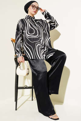 Desenli Gömlekli Salaş Saten İkili Takım Siyah - Thumbnail