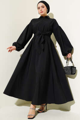 Pazarium - Yarım Fermuarlı Balon Kol Terikoton Elbise Siyah