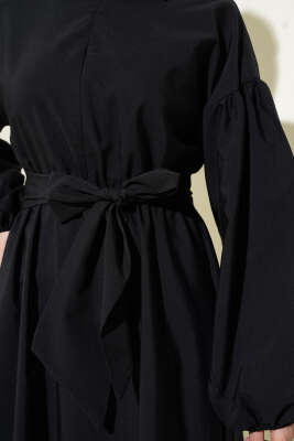 Yarım Fermuarlı Balon Kol Terikoton Elbise Siyah - Thumbnail