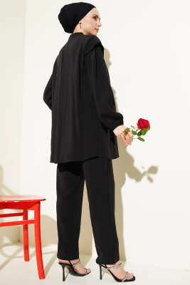 Omuz Fırfırlı Tencel Tunik İkili Takım Siyah - Thumbnail