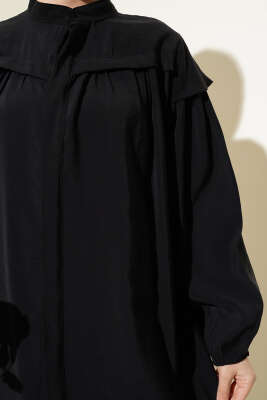 Omuz Fırfırlı Tencel Tunik İkili Takım Siyah - Thumbnail